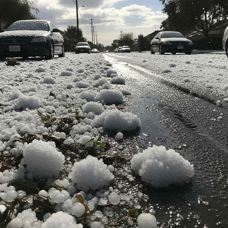 snow on the road and cars in the parking lot in winterの写真素材