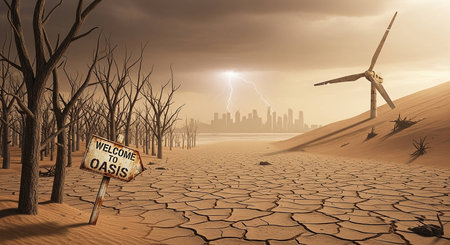 Dry desert with wind turbines and dead trees. Climate change concept