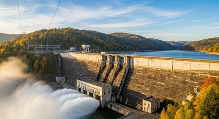Panoramic view of hydroelectric power station in autumn day.