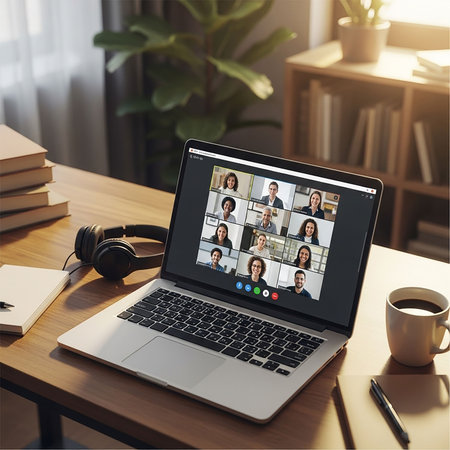 Video conference with diverse people on laptop screen. Online meeting concept.の写真素材