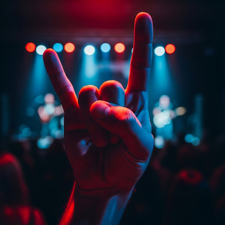 Close up of male hand making rock-n-roll gesture at concertの写真素材
