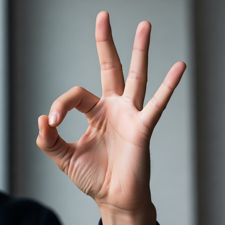 Hand showing ok sign on grey background, closeup. Hand gestureの写真素材