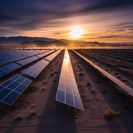 Solar panels in the desert at sunset. Photovoltaic cells.