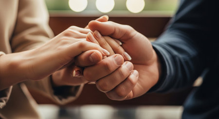 Close up of people hands holding each other. Man and woman holding hands.の写真素材