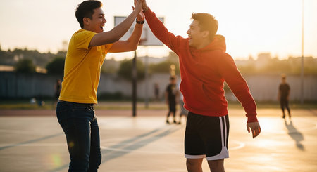 Two young men giving high five to each other while playing basketball outdoorsの写真素材