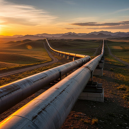 Oil pipeline on the highway at sunset. Tien Shan mountains, Kyrgyzstanの写真素材