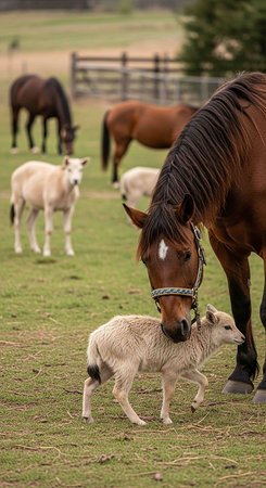 Herd of horses and a lamb in a paddock in summerの写真素材