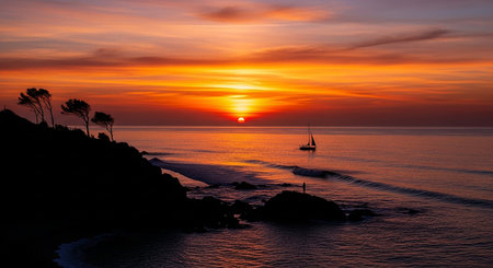 Beautiful sunset over the ocean with a sailboat in the foreground