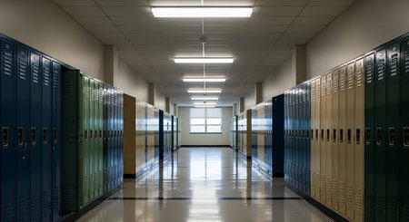 Row of blue lockers in a school corridor. 3d renderの写真素材