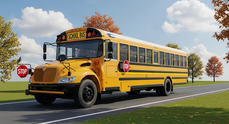 Yellow school bus on the road. 3d render.