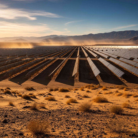 solar energy in the arid desert at sunsetの写真素材