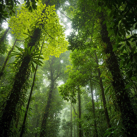 tropical rainforest in morning with sun light and fog in the morning
