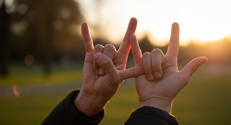 Female hands showing victory sign in the park at sunset, close upの写真素材