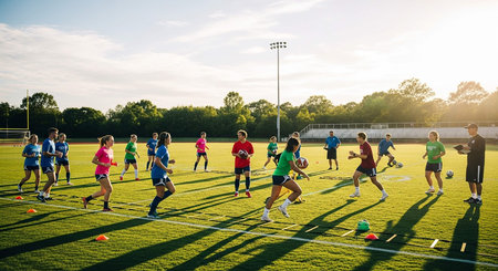 Group of children playing soccer on the field at sunset. Boys and girls training soccer.