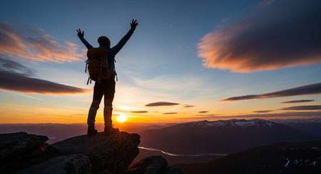 Silhouette of a man with hands up on the top of the mountain at sunsetの写真素材