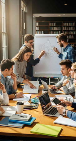 Team of young business people in smart casual wear working and communicating together in modern...