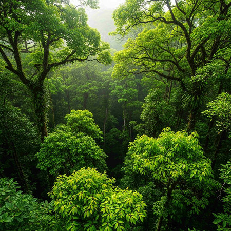 Beautiful view of green forest in the morning. Nature background.