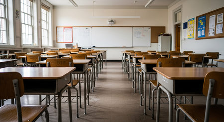 Interior of an empty classroom with rows of chairs and tables.