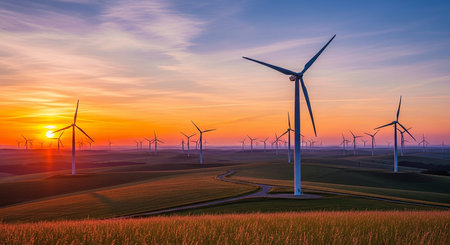 Wind turbines at sunset, Zaragoza Province, Aragon, Spain.