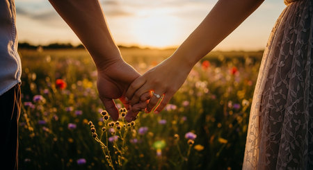 Man and woman holding hands in the field of wildflowers.