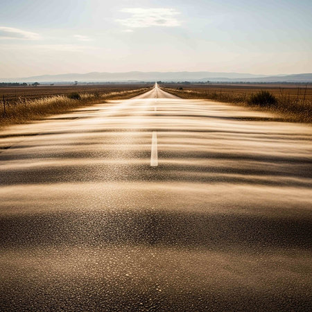 An image of an empty road in the middle of the field.