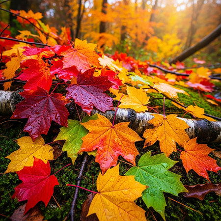 Maple leaves in autumn forest. Colorful maple leaves in autumn forest.