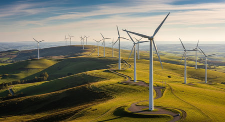 Windmills for renewable electric energy production, Zaragoza province, Aragon, Spain