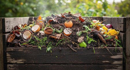 Easter eggs in a rustic wooden box with green grass and fallen leavesの写真素材