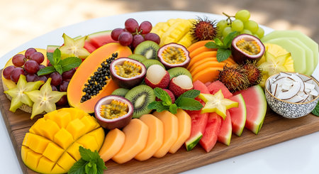 Mixed fruit on a wooden board. Healthy eating concept. Top view.