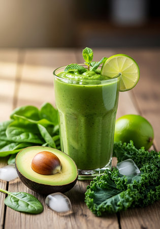 Healthy green smoothie with spinach, avocado and lime in a glass