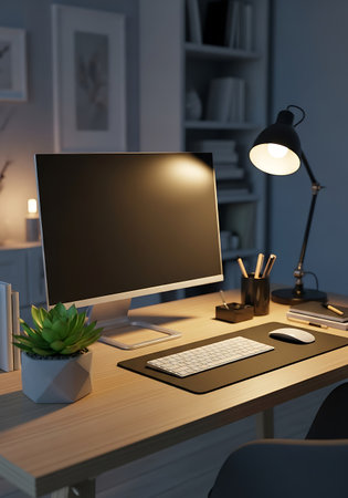 Workplace with computer, lamp and other items on table. Mock upの写真素材