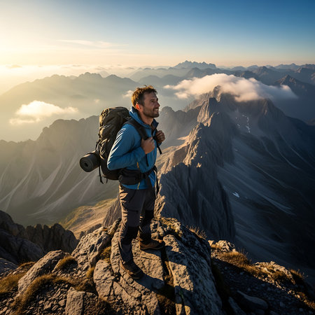 Hiker with backpack on the top of the mountain at sunrise.の写真素材
