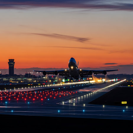 Airplane taking off from the airport runway at sunset with red lightsの写真素材