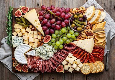 Cheese platter with grapes, olives and crackers on a wooden backgroundの写真素材