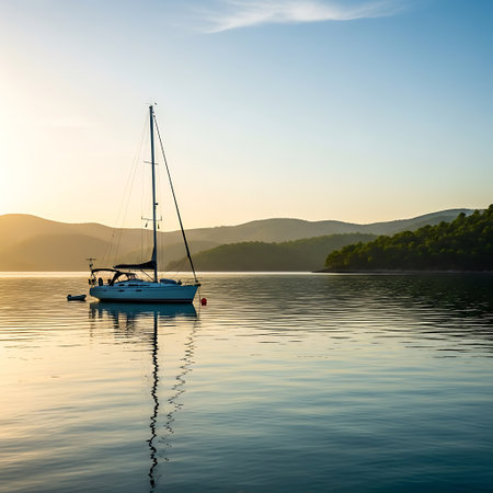 Sailboat on the lake at sunrise. Beautiful summer landscape.の写真素材