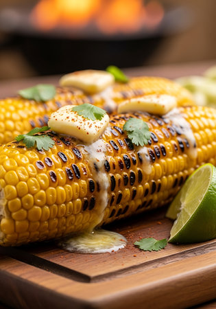 Grilled corn with lime, cilantro and mayonaise sauceの写真素材