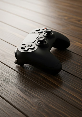 Black joystick on a wooden background, close-up. Video gameの写真素材