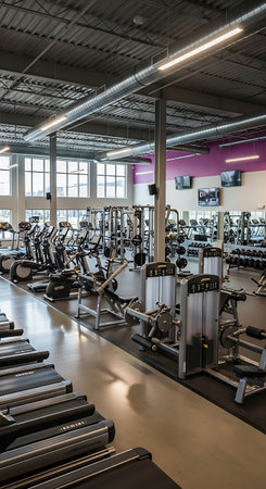 Interior of a modern fitness hall with fitness equipment. Nobody inside