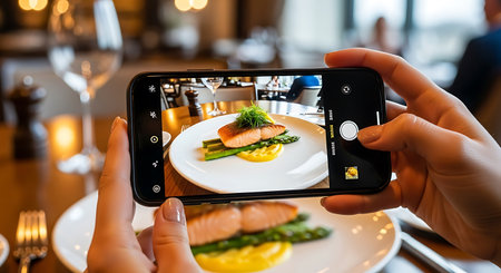 woman taking photo of salmon with asparagus on smartphone in restaurantの写真素材