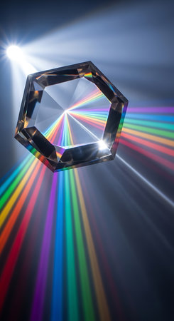 crystal on a colored background with rays of light and lens flareの写真素材