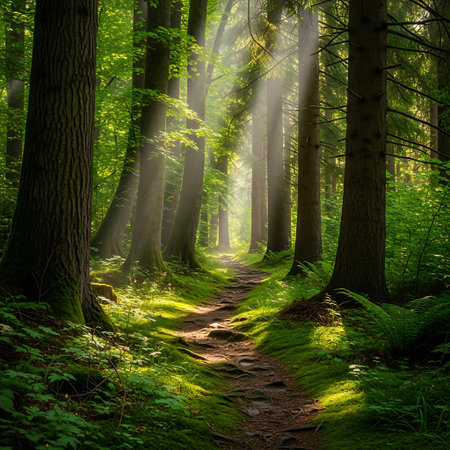 Beautiful morning in the forest. Sun rays through the trees.の写真素材
