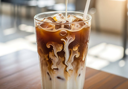Iced coffee with milk in glass on wooden table, stock photoの写真素材