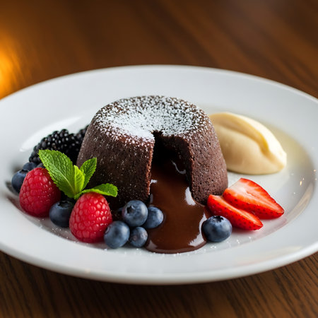 Chocolate fondant with fresh berries and vanilla ice cream on wooden tableの写真素材