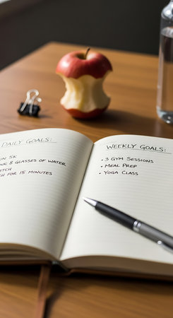 Notepad and pen on a desk with an apple and a glass of waterの写真素材