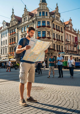 Handsome tourist man with map in the old town of Gdansk, Polandの写真素材