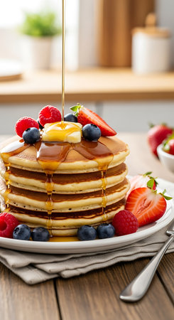 Stack of pancakes with fresh berries, honey and maple syrup on wooden background