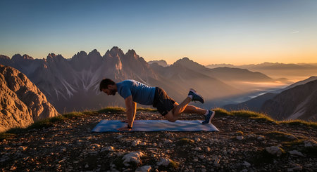 Man doing push-ups on the top of the mountain during sunriseの写真素材