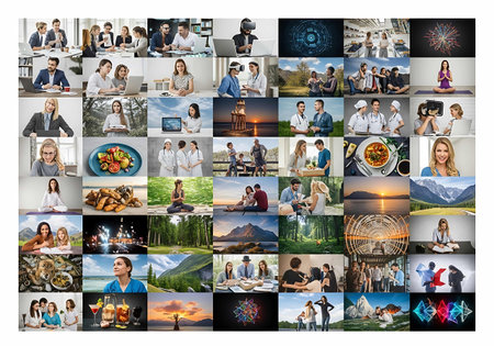 Collage of photos of people on the theme of travel and vacationの写真素材