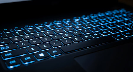 Close up of a laptop keyboard with blue light, shallow depth of fieldの写真素材