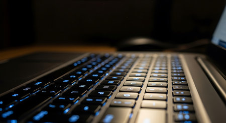 Close up of a laptop keyboard with blue lights on the screen.の写真素材
